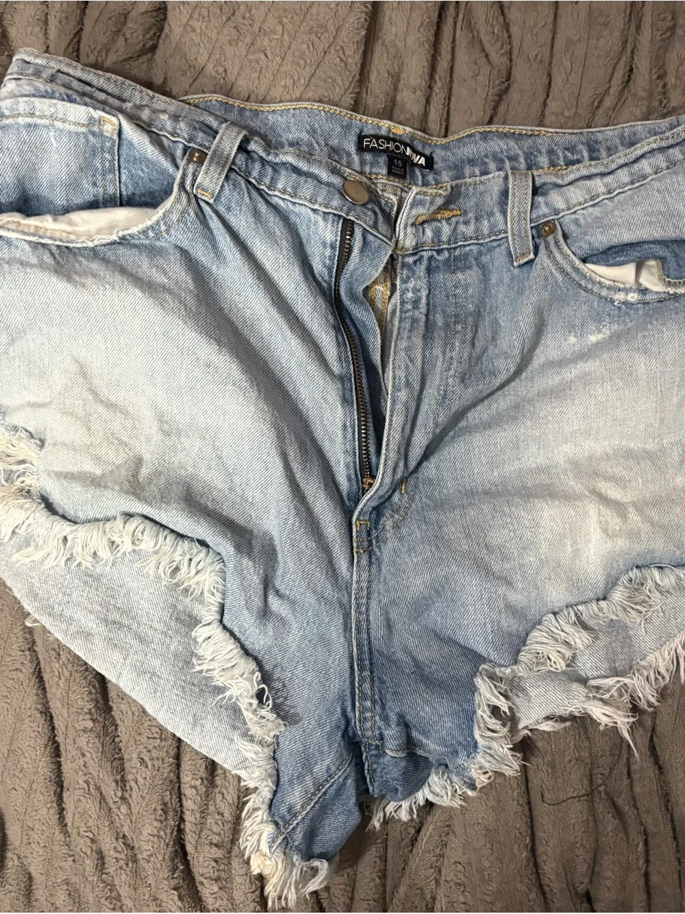 Fashion Nova Light Blue Distressed High-Rise Denim Shorts